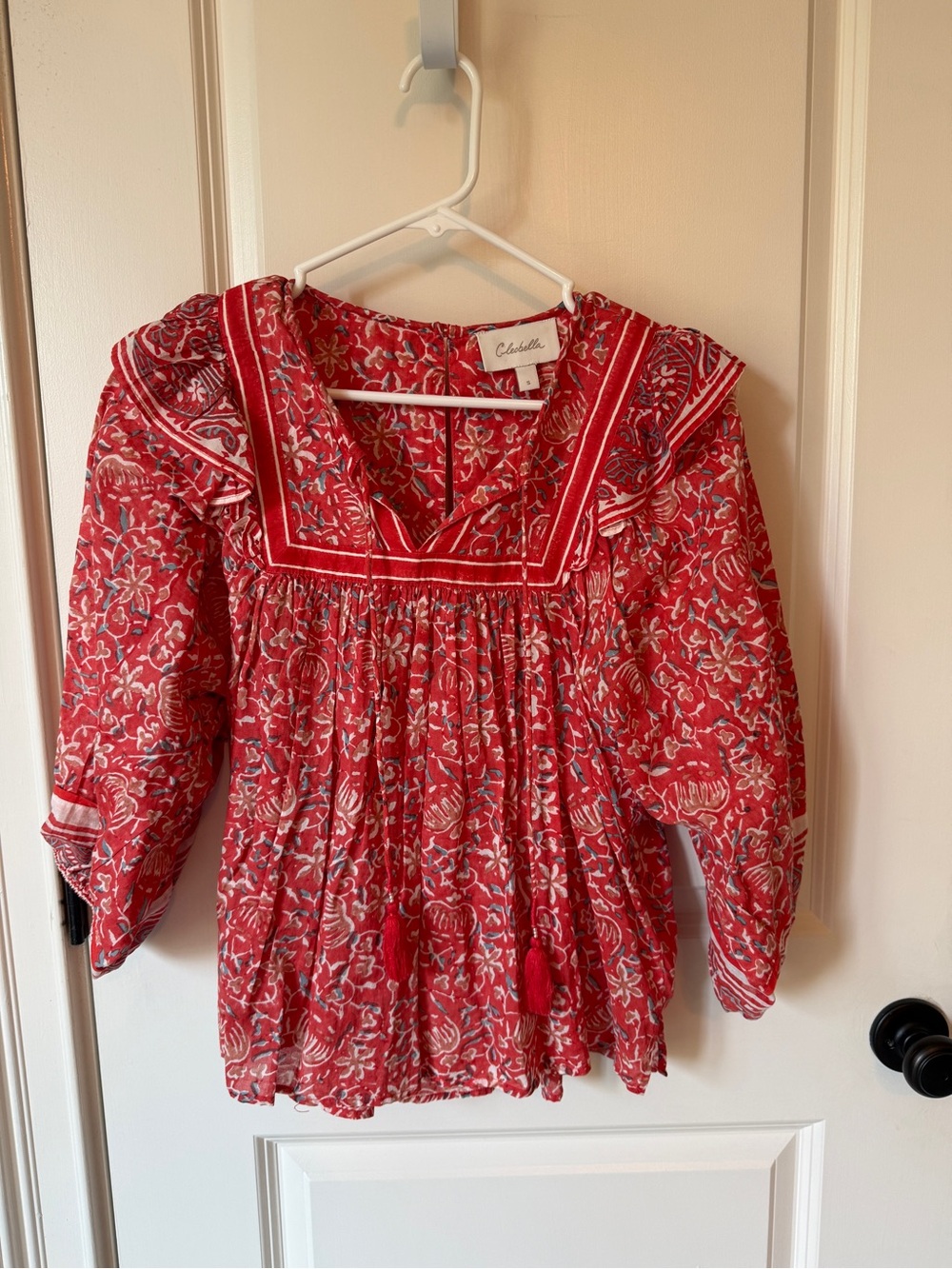 Cleobella Red Floral Ruffled Square-Yoke Blouse
